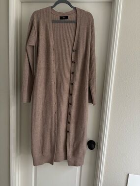Able Elizabeth Long Ribbed Button-Front Cardigan in Taupe